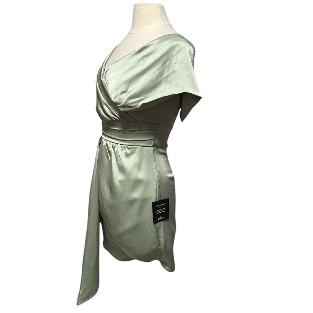 Lulus Always Celebrating Sage Asymmetrical Off Shoulder Mini Dress Small NWT - Picture 7 of 16